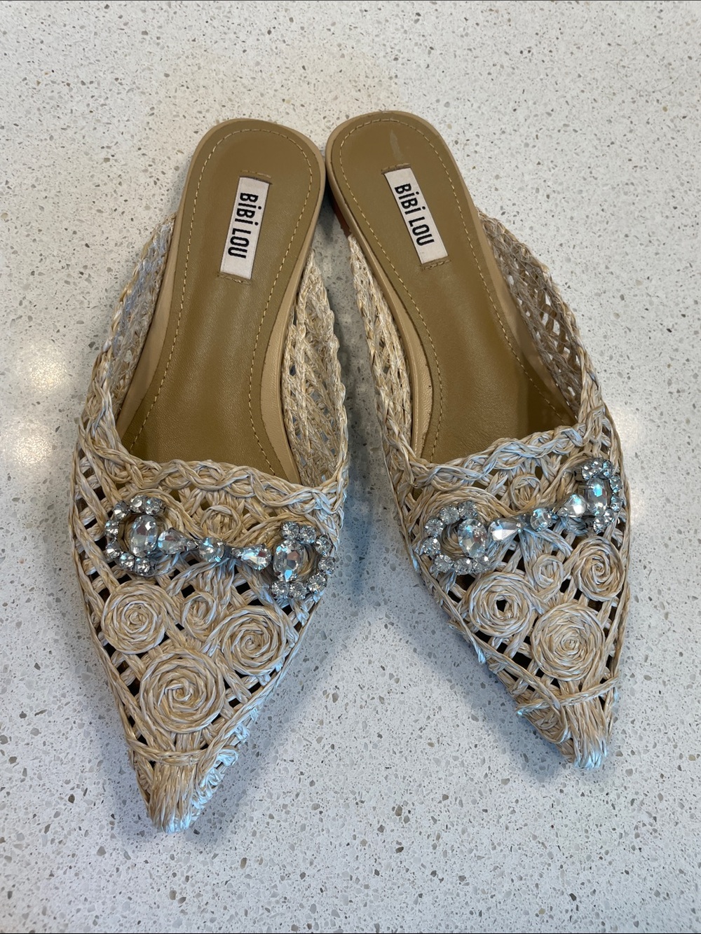 BiBi Lou Anthropologie Beige Raffia Pointed Toe Mules with Crystal Trim